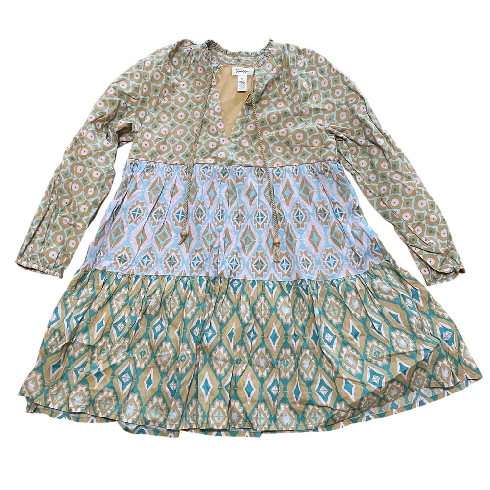 Jessica‎ Simpson Tiered Relaxed Boho Dress Geometric Print Long Sleeve Women's M